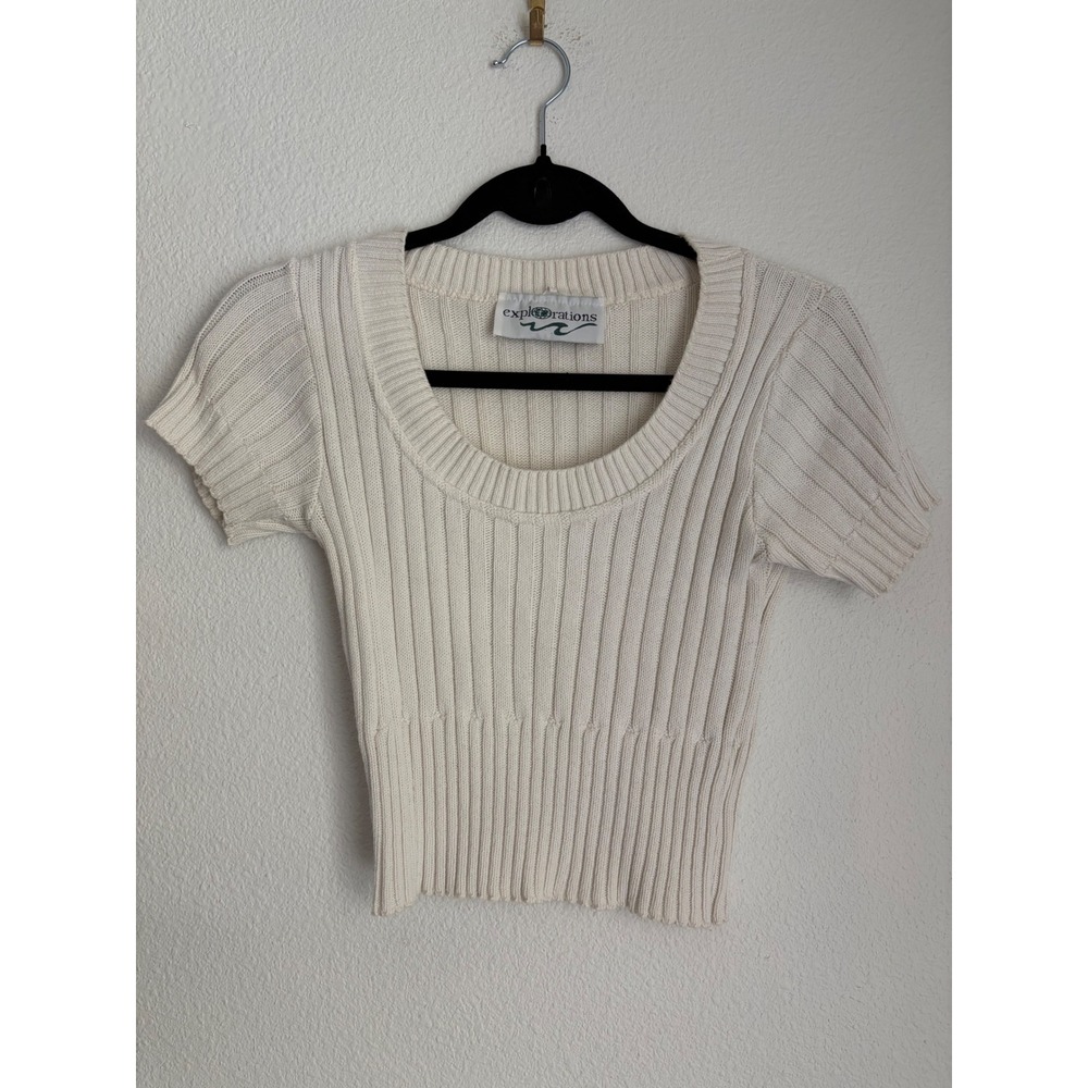 Vintage Explorations Ribbed Knit Scoop Neck Short Sleeve Top Cream Ivory